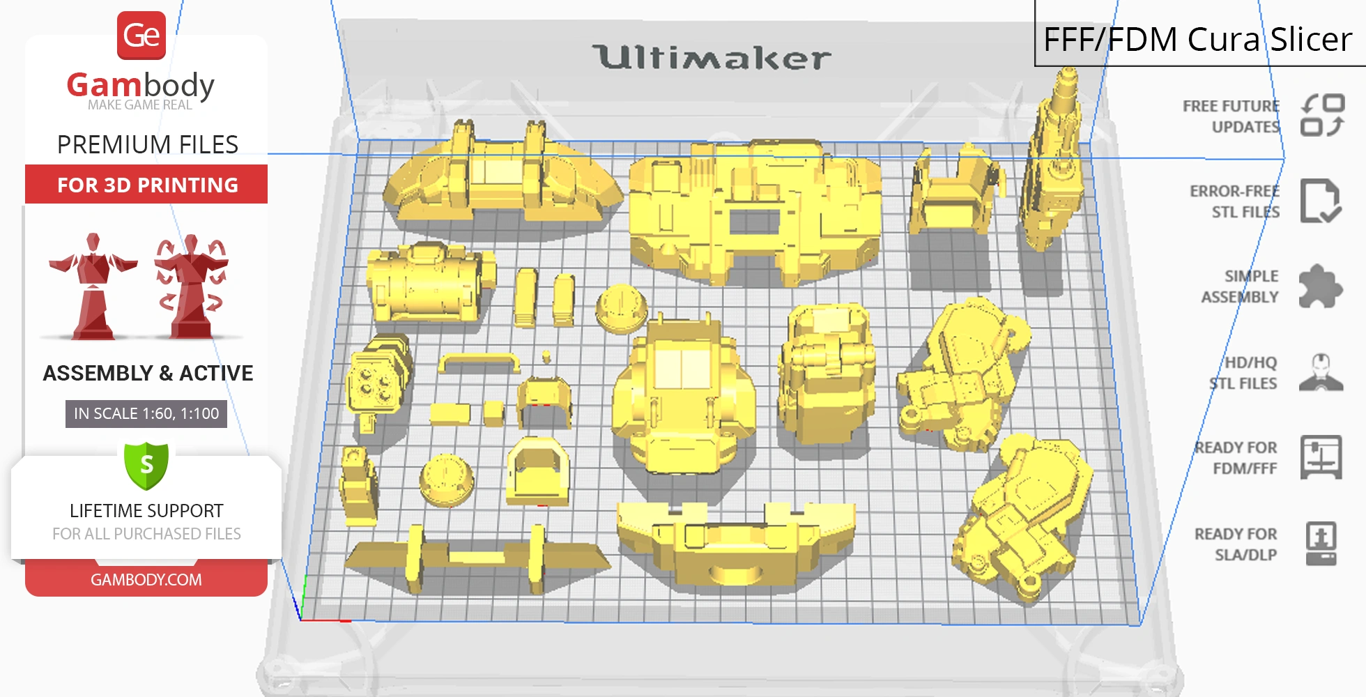 3D printing layout of Roughneck model parts on a grid, ready for assembly.