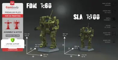 Two green mech models on bases, labeled FDM 1:60 and SLA 1:100, with measurements.