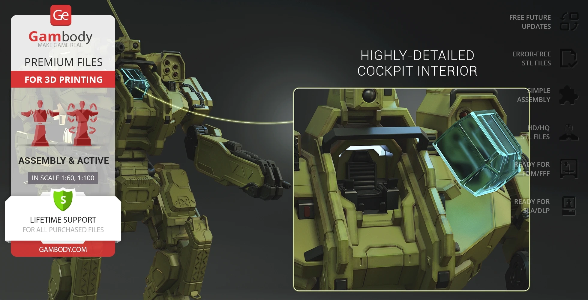 A green mech model with a detailed cockpit, suitable for 3D printing, showcasing assembly features.