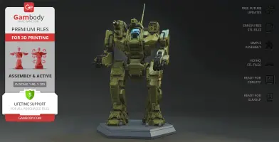 A detailed 3D model of a mech robot from MWO, ready for 3D printing, displayed on a platform.