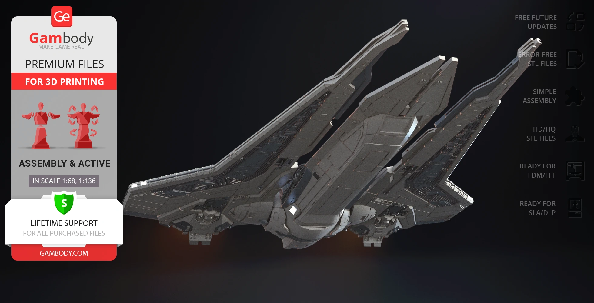 A detailed 3D model of a Gauntlet Starfighter for 3D printing, shown with wings open and detailed textures.