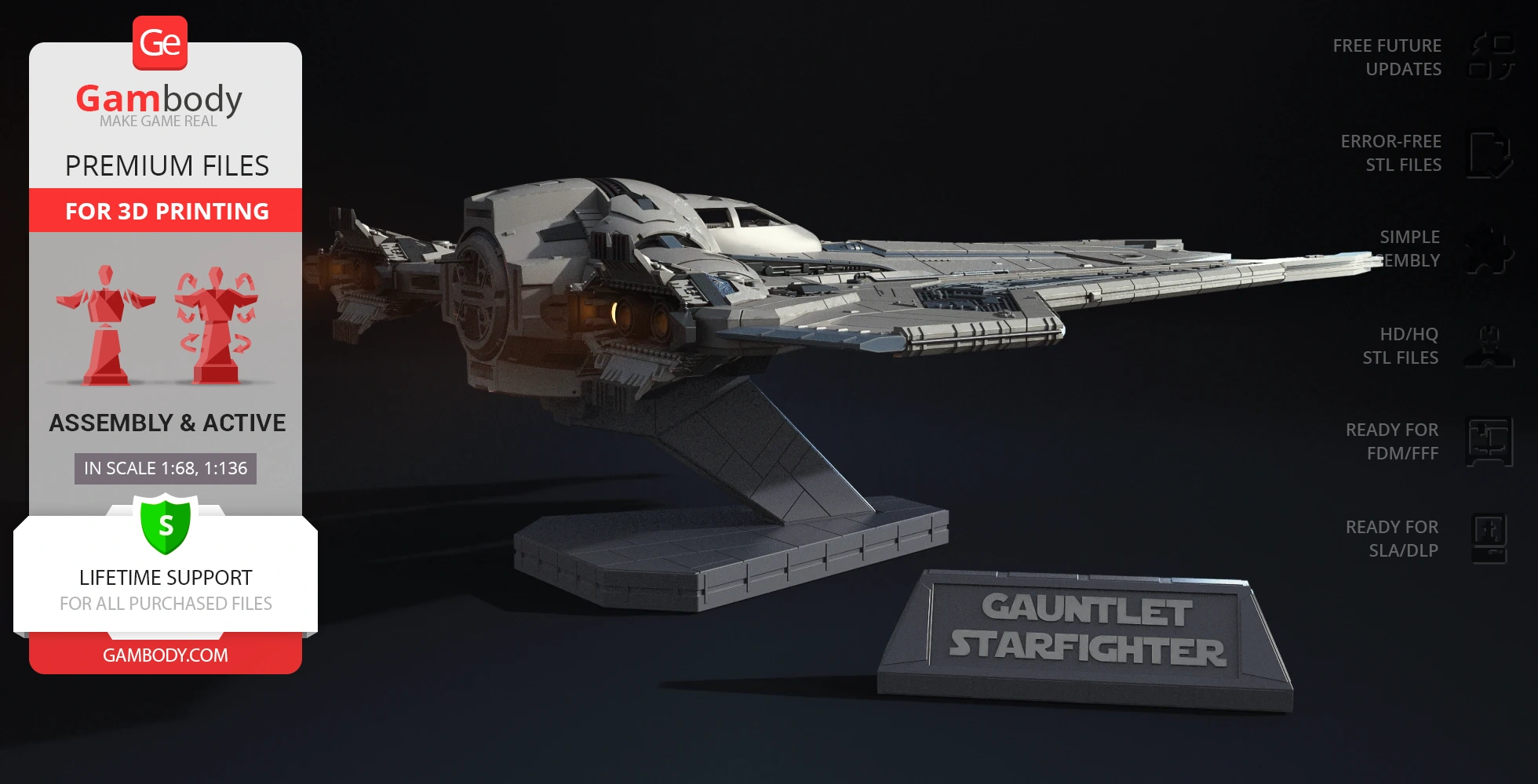 3D model of a Gauntlet Starfighter on a display stand, designed for 3D printing from Gambody.