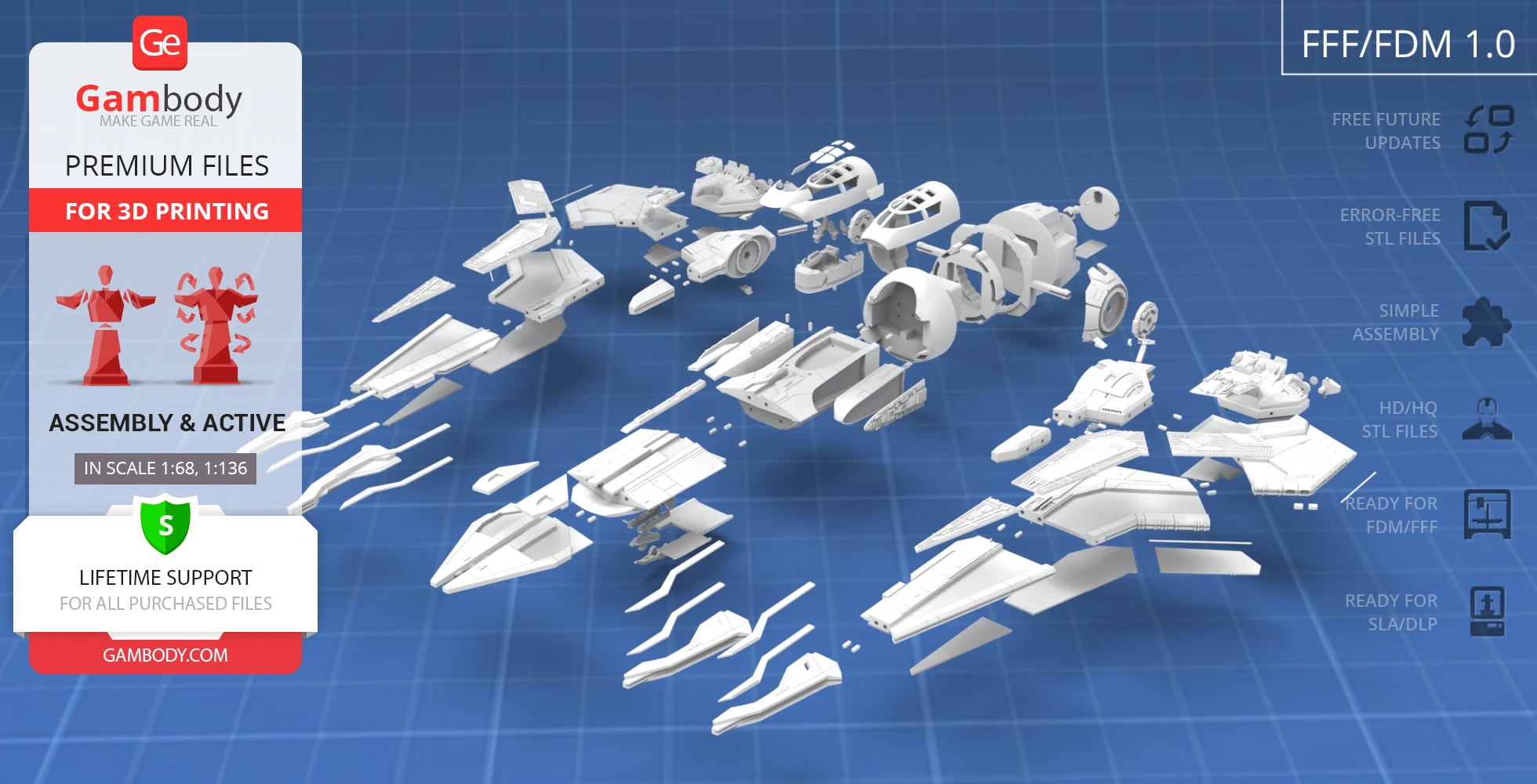 Exploded view of Gauntlet Starfighter 3D model parts on a blue grid background.