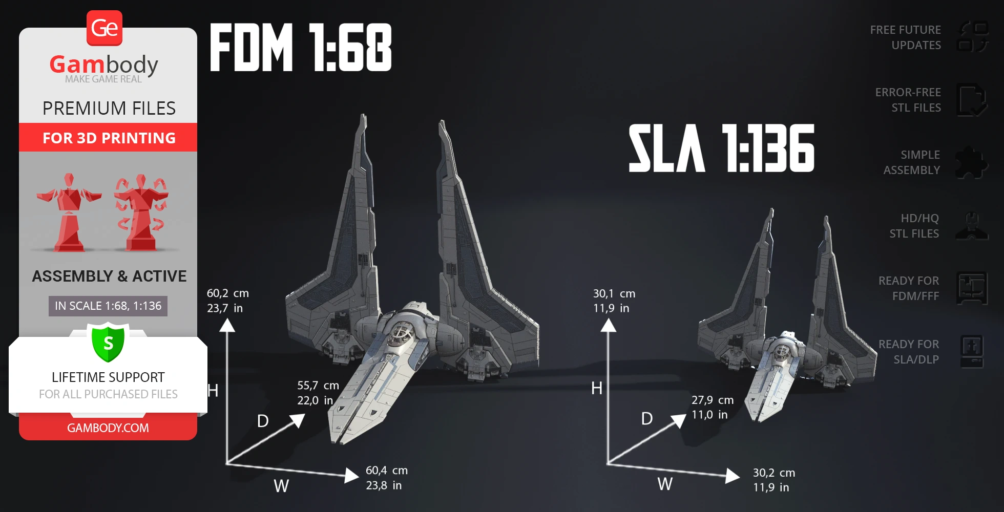 Two detailed Gauntlet Starfighter 3D models with dimensions and printing info on a black background.