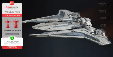 Detailed 3D model of a Gauntlet Starfighter for printing, showing intricate paneling and futuristic design.
