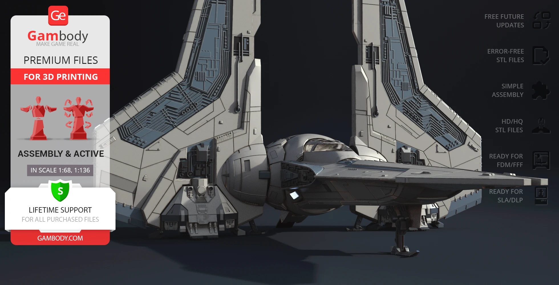 Futuristic starfighter 3D model with detailed design and vertical wings for 3D printing.