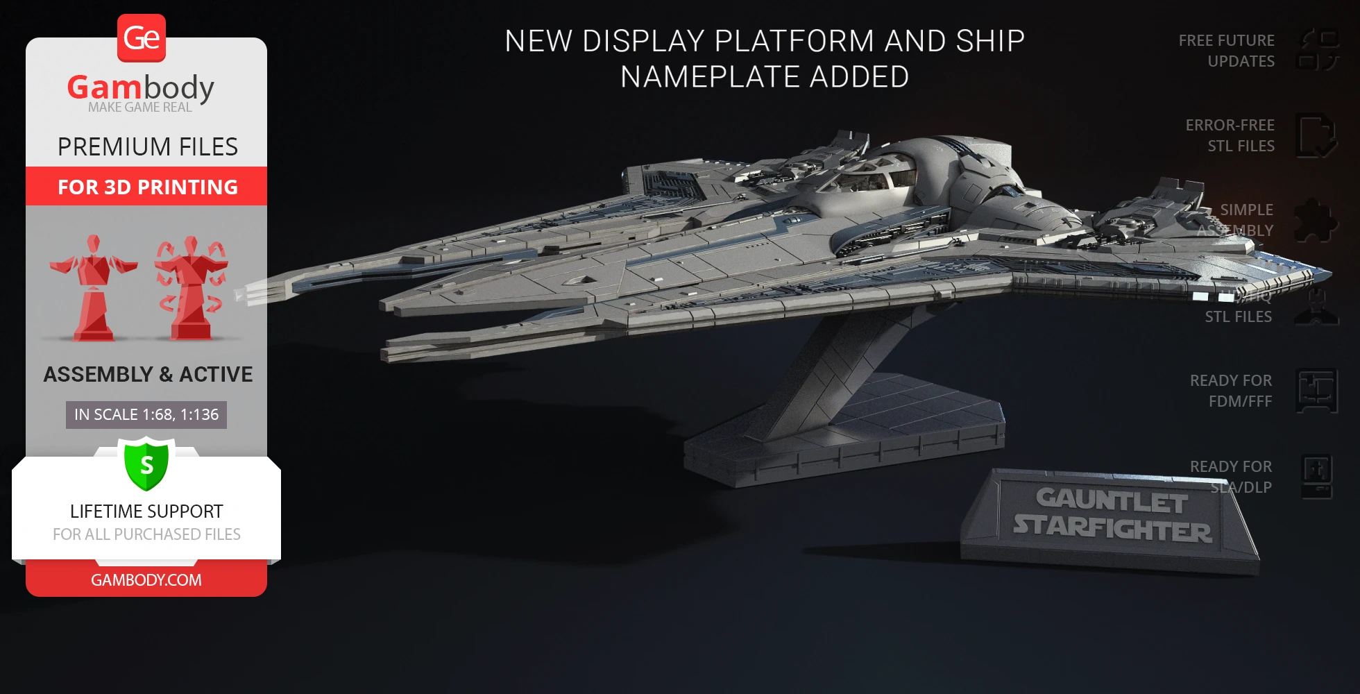 3D model of a sleek, detailed starfighter on a display stand labeled 'Gauntlet Starfighter.'