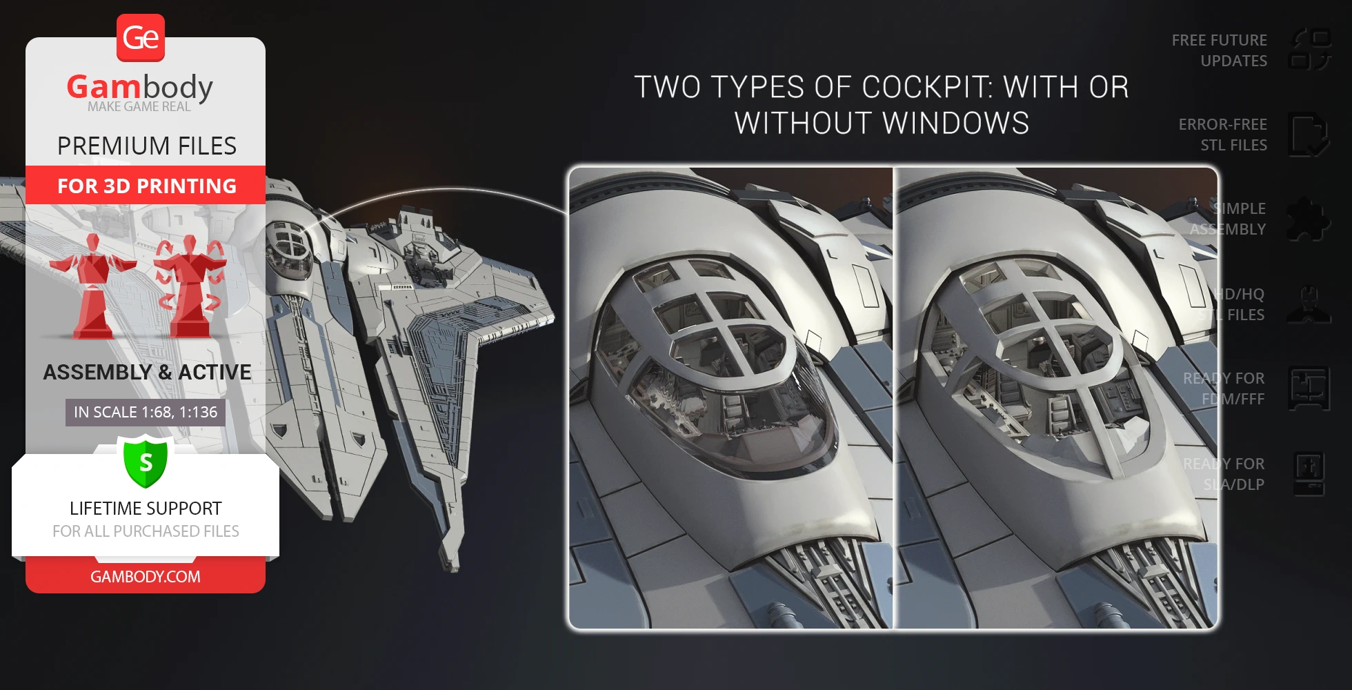 A detailed 3D model of a Gauntlet Starfighter, featuring two cockpit options: with or without windows.