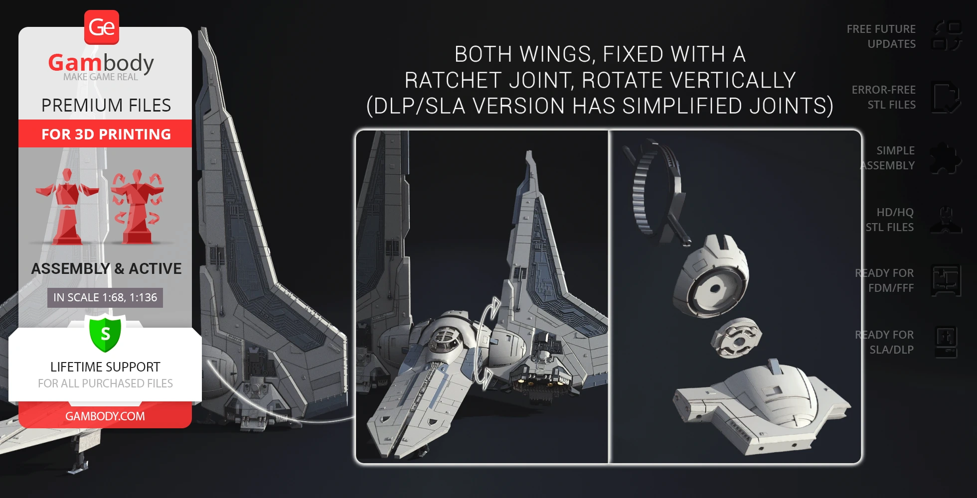 Detailed 3D model of a Gauntlet Starfighter with rotatable wings and assembly parts for 3D printing.