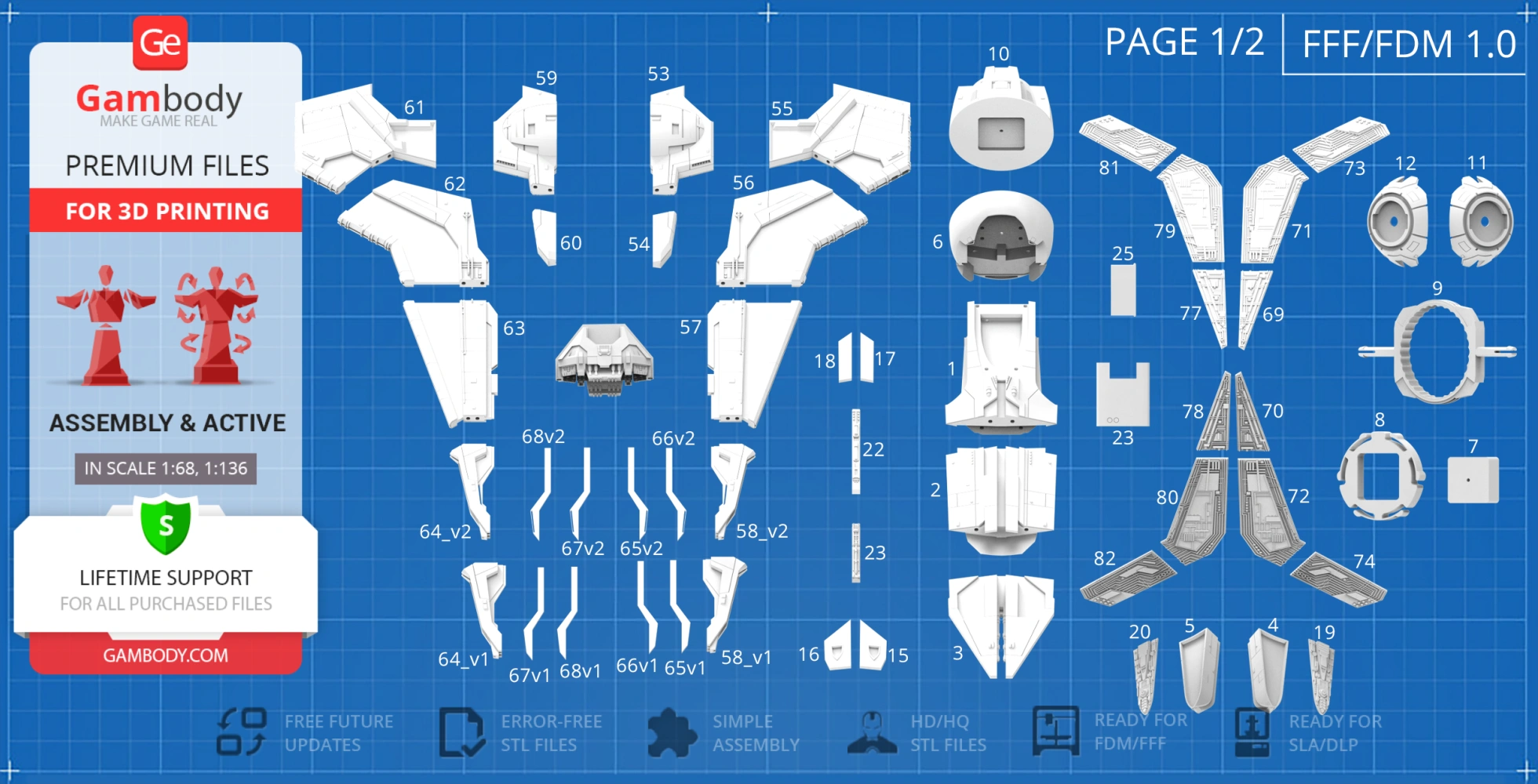 Blueprint layout of Gauntlet Starfighter 3D printing parts, labeled for assembly.