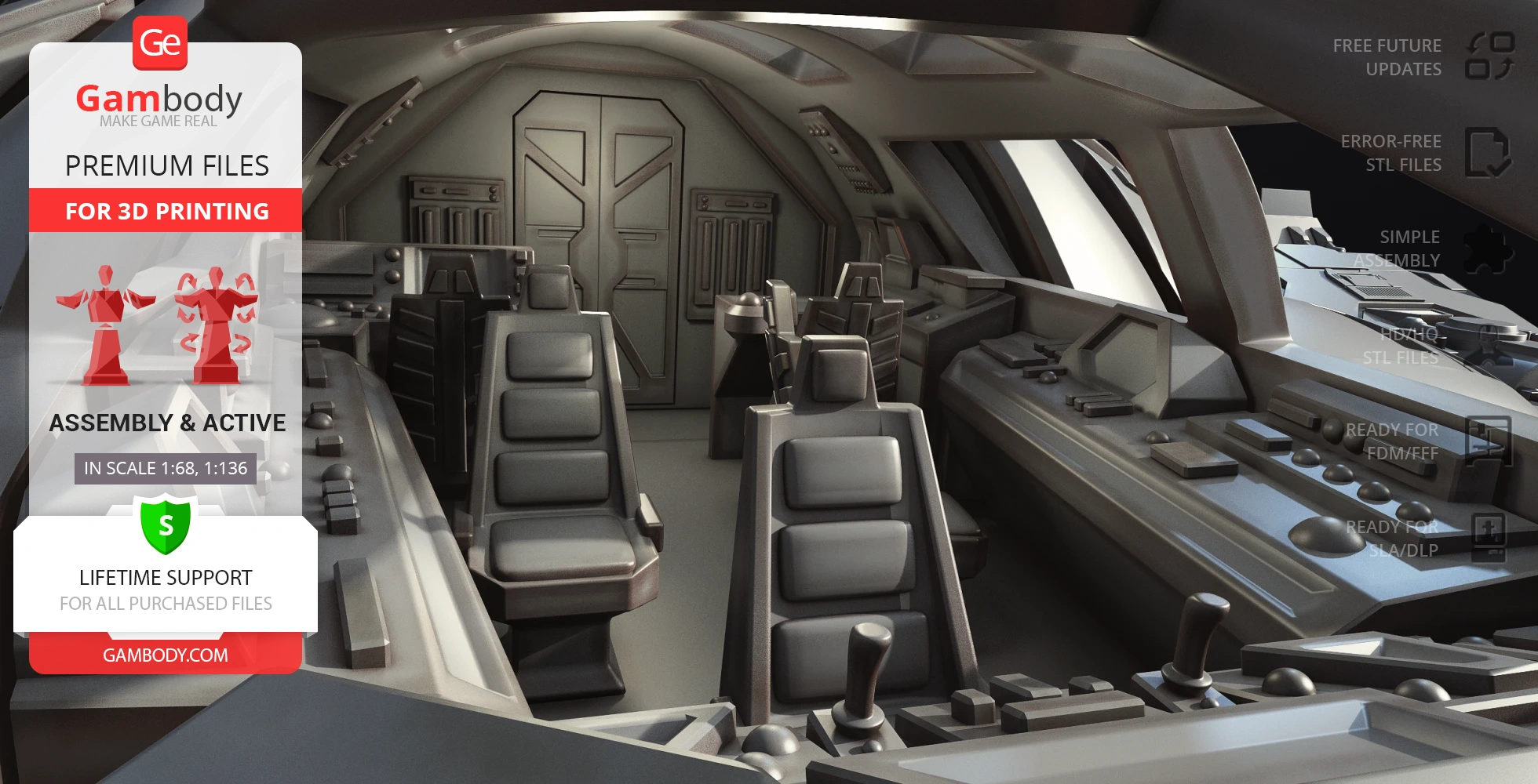 Interior view of a detailed 3D model of a spaceship cockpit, featuring seats and control panels.