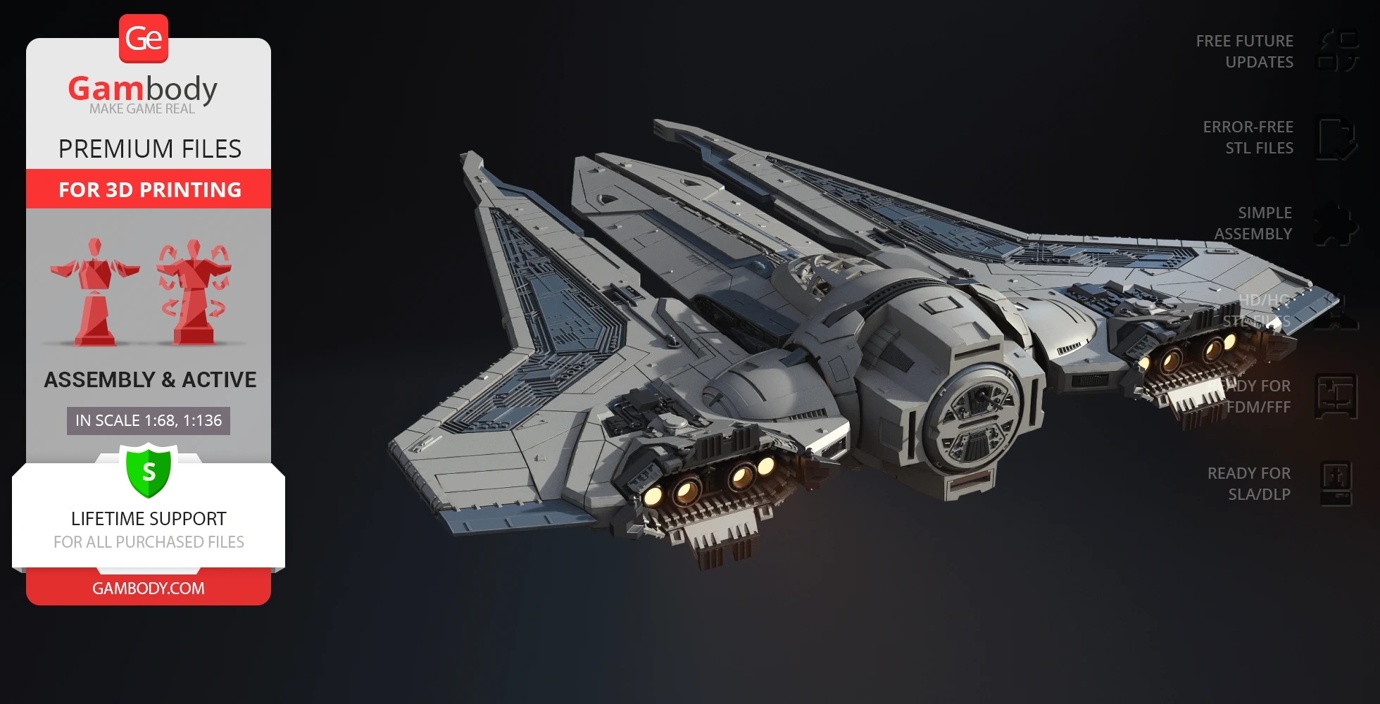 Futuristic starfighter 3D model with detailed wings and engines, designed for 3D printing.