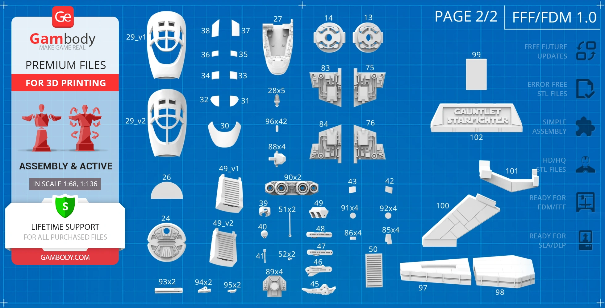 Collection of Gauntlet Starfighter 3D printing parts, labeled and displayed on a blueprint background.