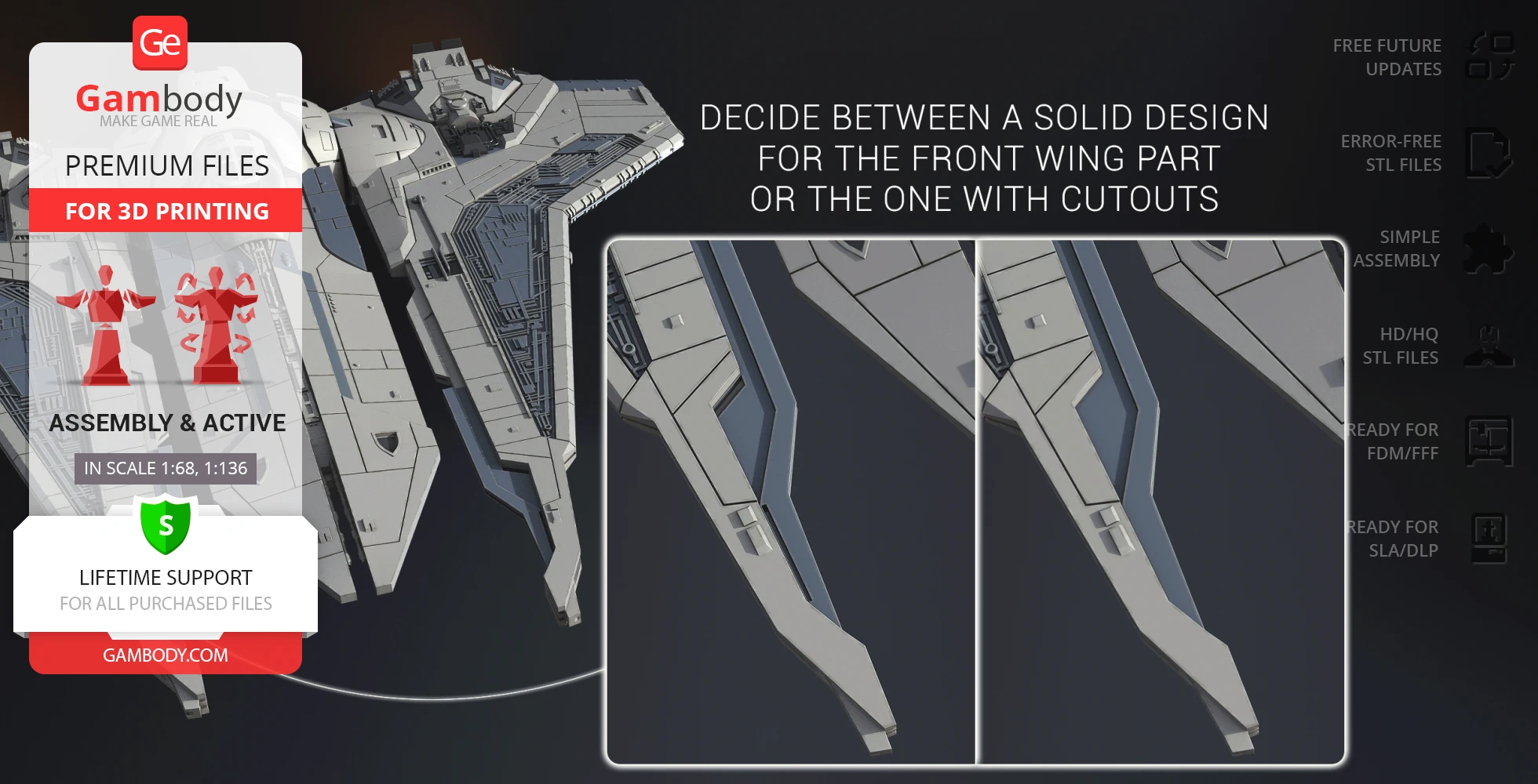 Detailed model of a Gauntlet Starfighter for 3D printing, featuring optional wing designs.