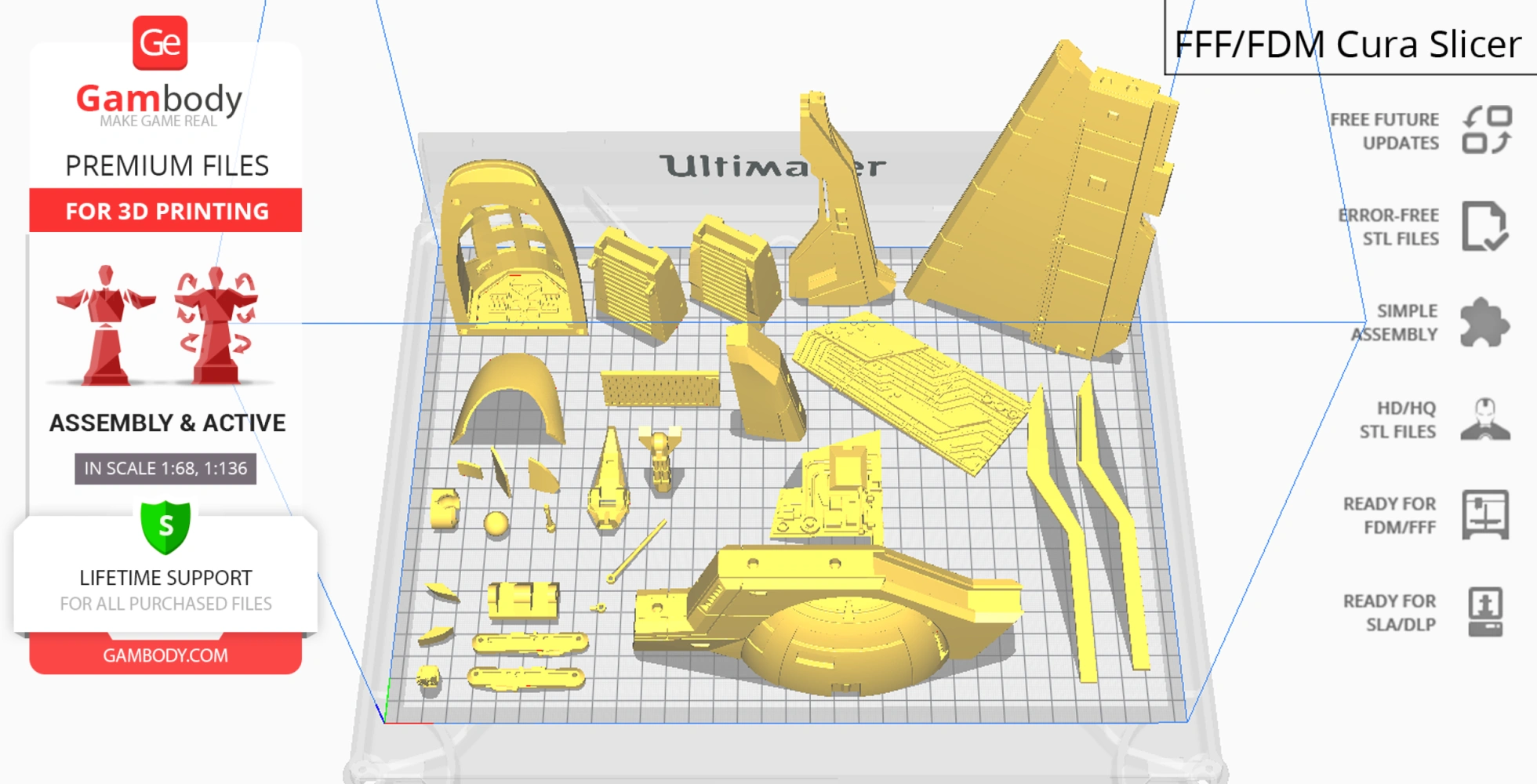 3D printing layout of Gauntlet Starfighter parts, ready for assembly, shown on a grid.