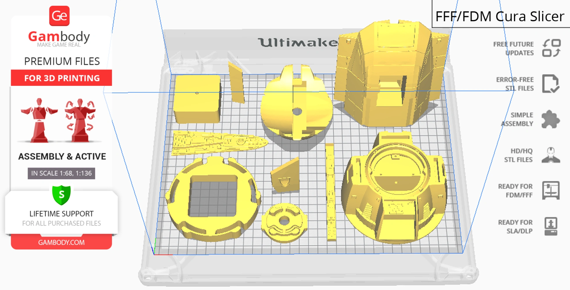 3D model parts of a Gauntlet Starfighter, arranged for printing using Cura Slicer.