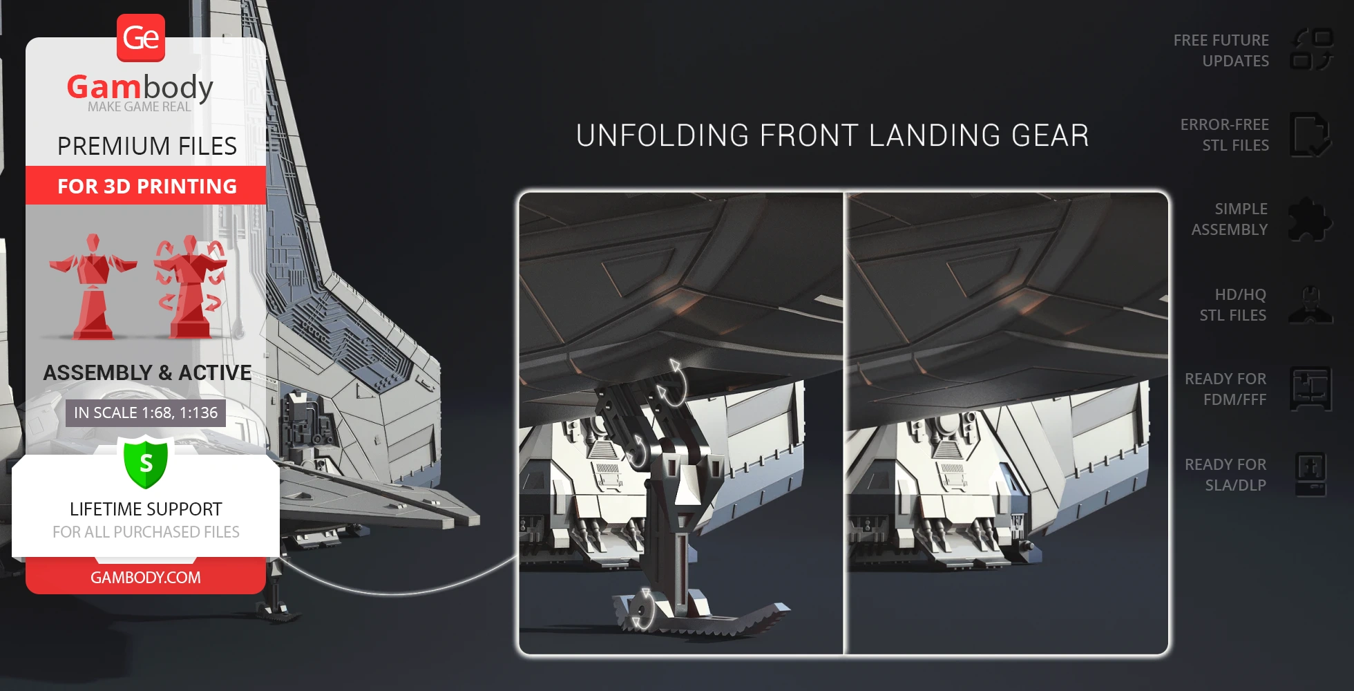 3D model of a Gauntlet Starfighter with unfolding landing gear for 3D printing, shown in assembly stages.