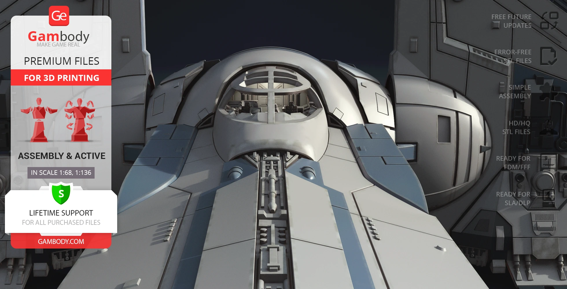 Detailed 3D model of a futuristic gauntlet starfighter cockpit for printing, shown from the front.