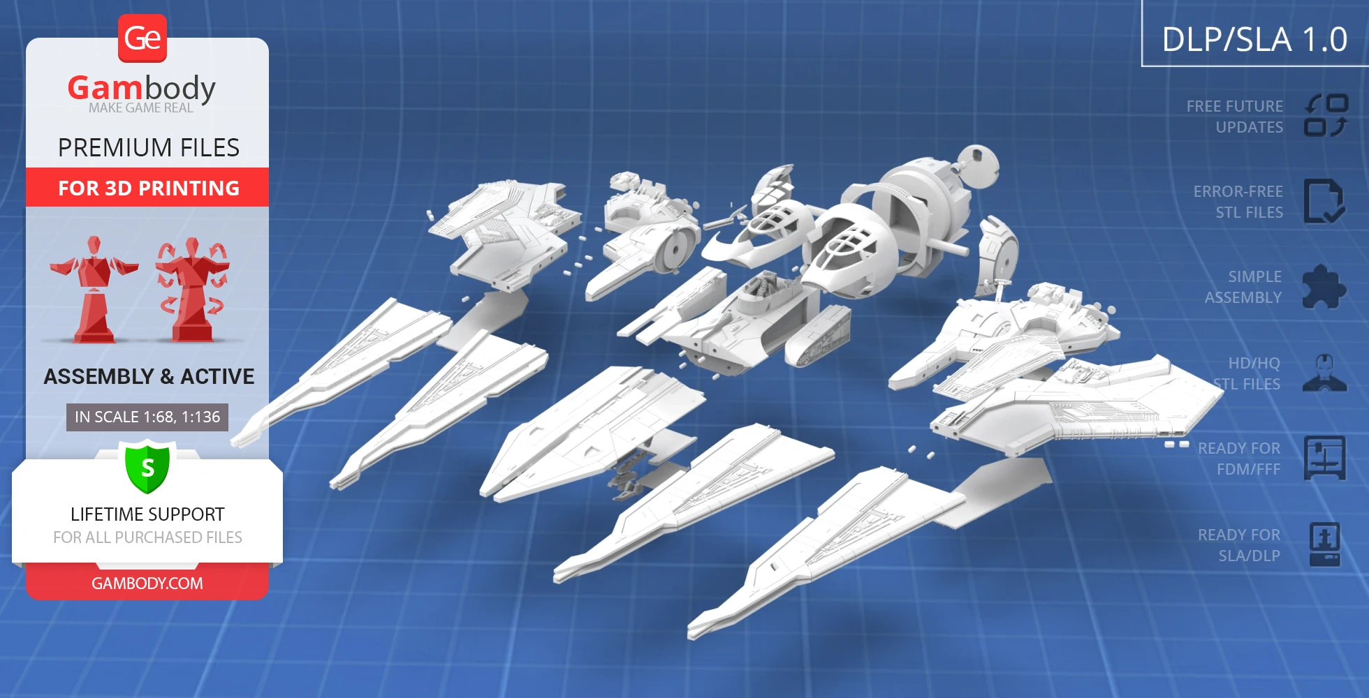 3D model parts of a Gauntlet Starfighter are laid out for assembly on a blue grid background.
