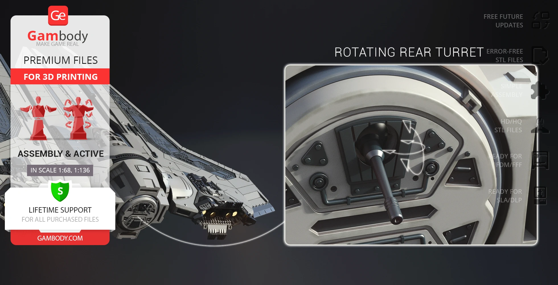 Gauntlet Starfighter model with rotating rear turret, featured on Gambody for 3D printing.