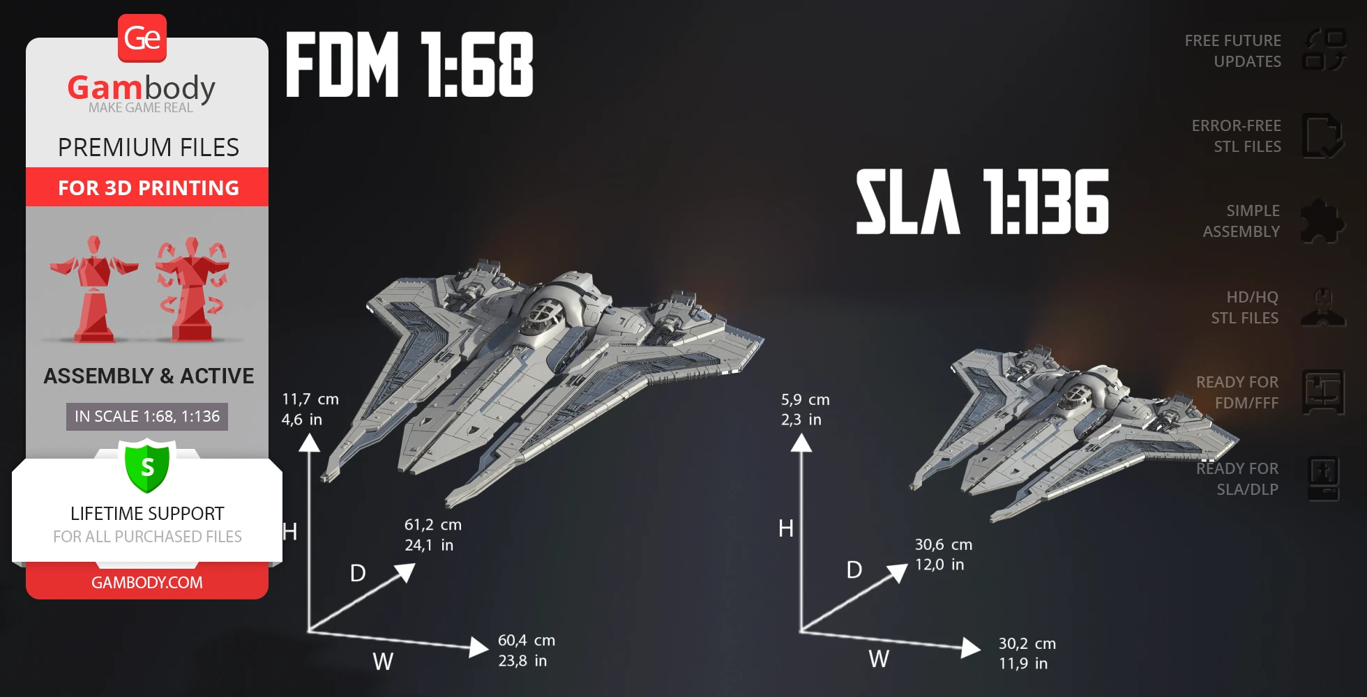 3D model of a Gauntlet Starfighter with dimensions and scale options. Includes FDM and SLA details.