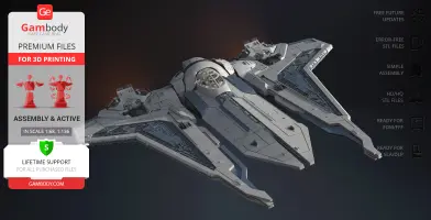 A detailed 3D model of a Gauntlet Starfighter for printing, showcasing intricate wings and cockpit design.
