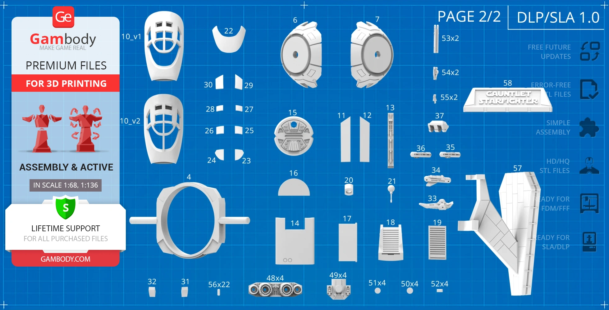 Blueprint layout of Gauntlet Starfighter 3D printing parts, labeled and arranged for assembly.
