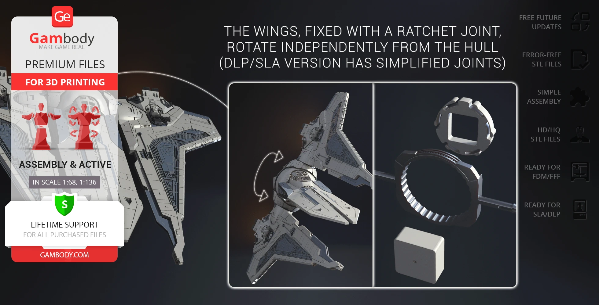 Gauntlet Starfighter 3D model with rotating wings and assembly parts, designed for 3D printing on Gambody.