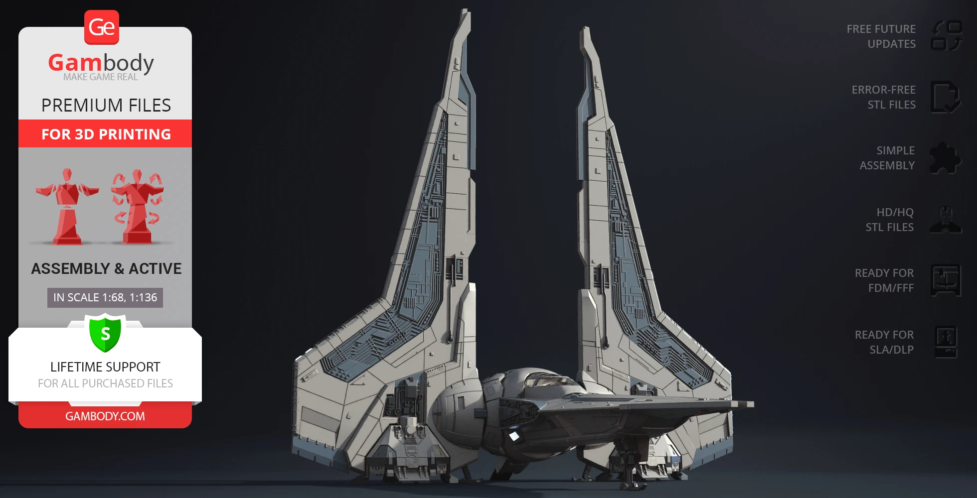 A detailed 3D model of a Gauntlet Starfighter with vertical wings, ready for 3D printing.