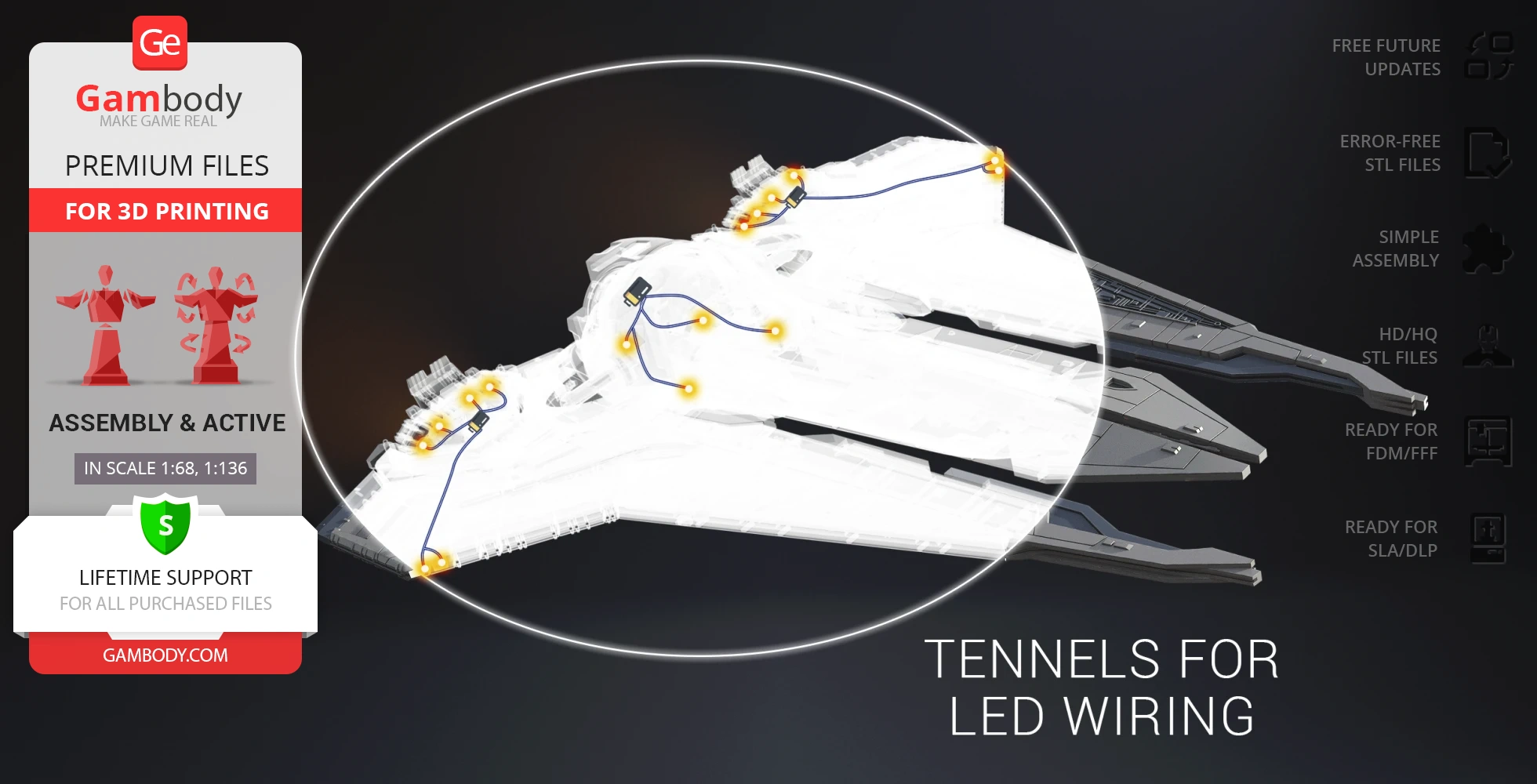 Gauntlet Starfighter 3D model showcasing LED wiring tunnels, featuring assembly and printing details.