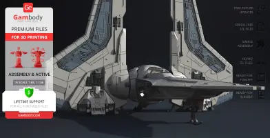 Futuristic starfighter 3D model with detailed design and vertical wings for 3D printing.