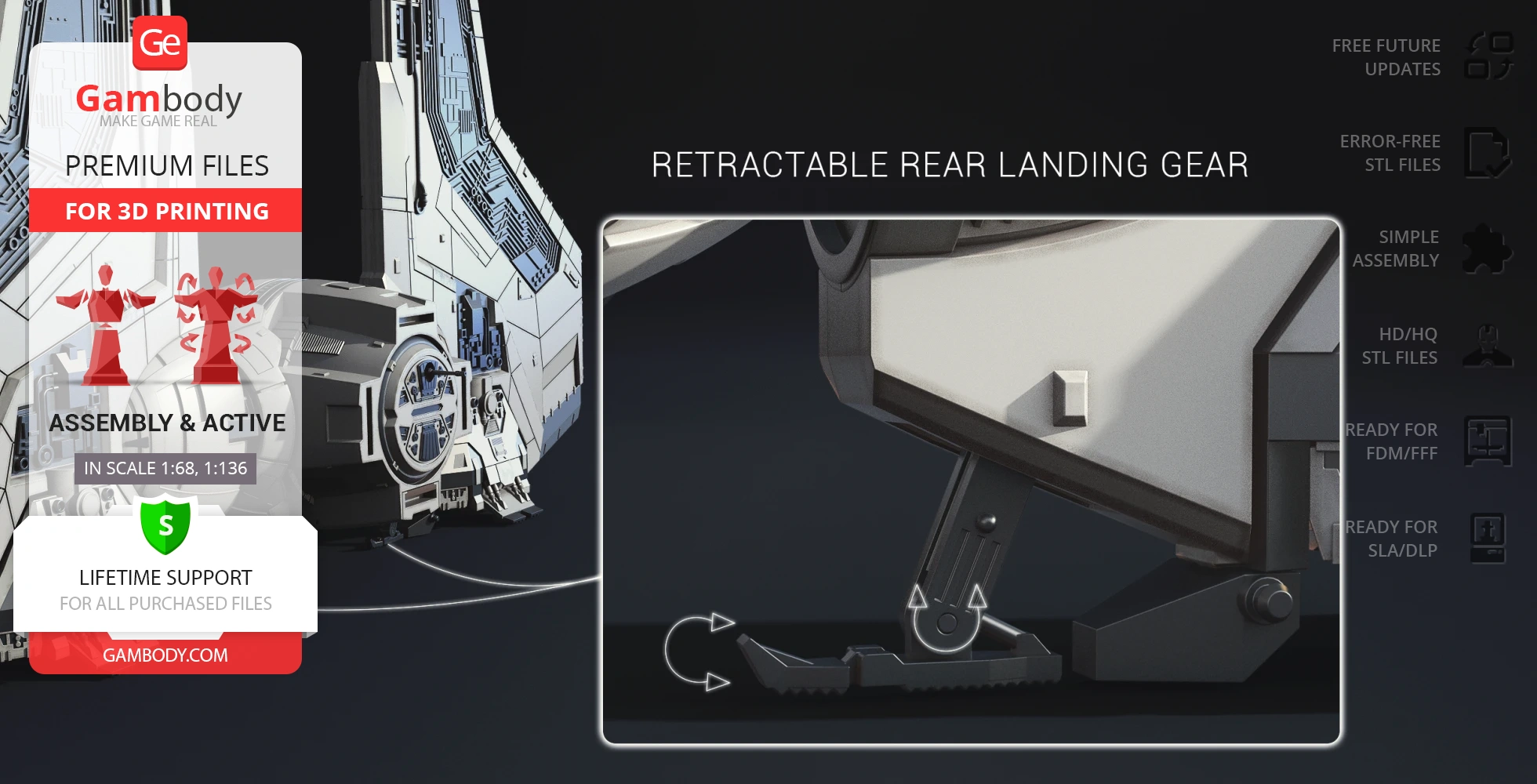 Gauntlet Starfighter model with retractable landing gear, for 3D printing, shown with assembly options.