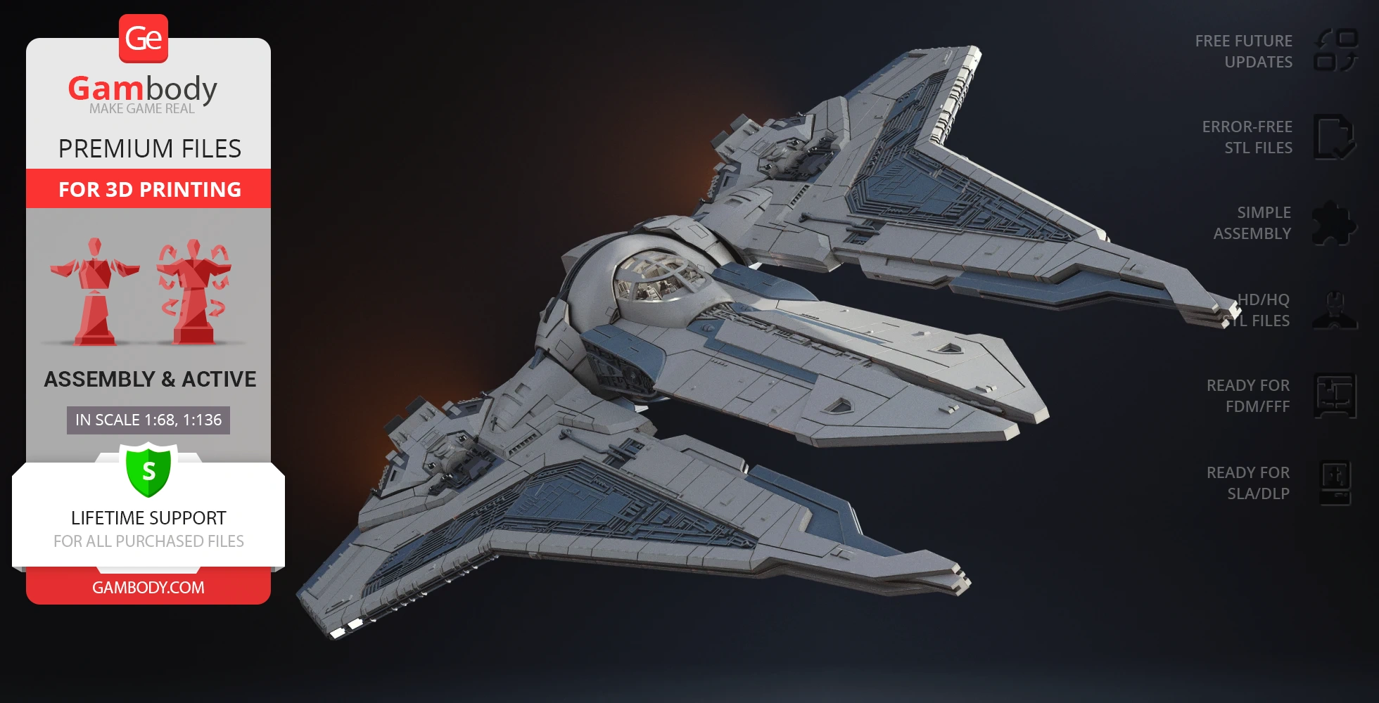 Futuristic starfighter with angular design and detailed textures, ready for 3D printing.