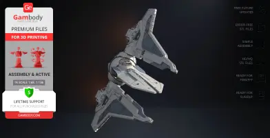 A detailed 3D model of a Gauntlet Starfighter for printing, featuring sleek wings and a central cockpit.