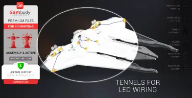Gauntlet Starfighter 3D model showcasing LED wiring tunnels, featuring assembly and printing details.