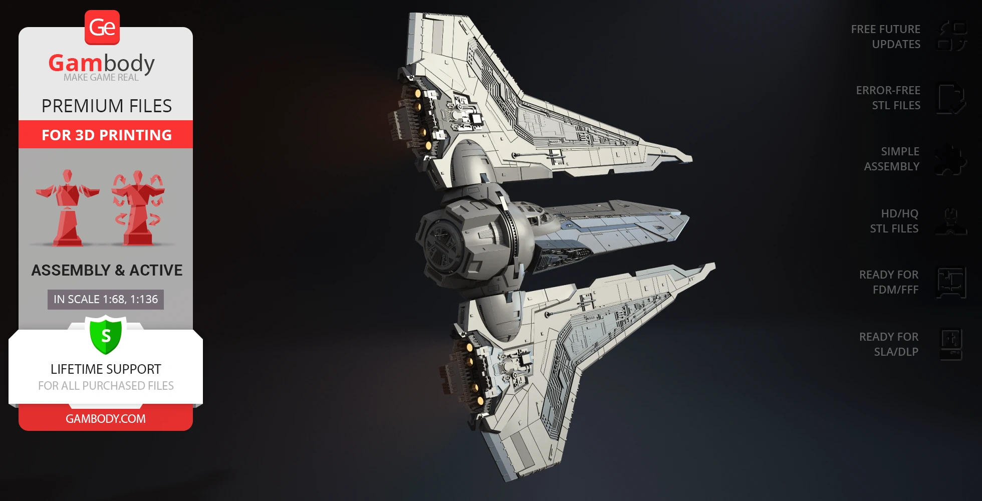 A detailed 3D model of a Gauntlet Starfighter with extended wings, ready for 3D printing.