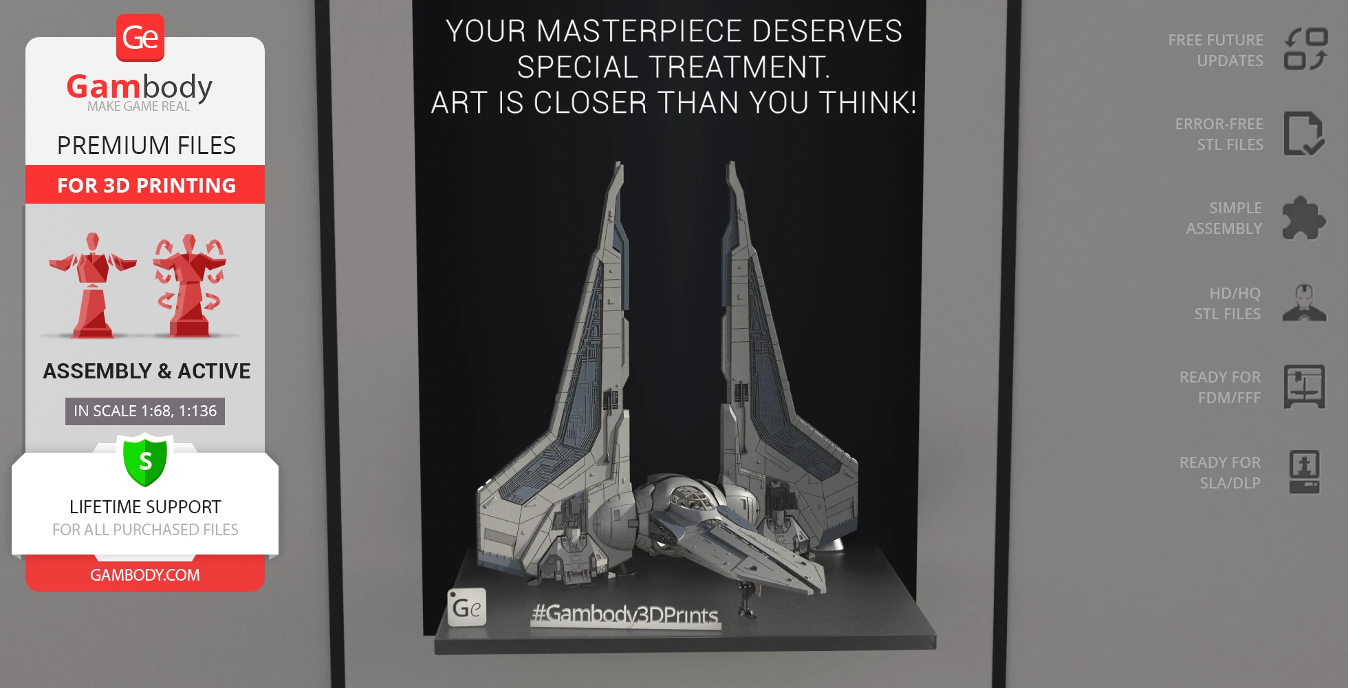 A detailed 3D model of a Gauntlet Starfighter with large vertical wings, ready for 3D printing.