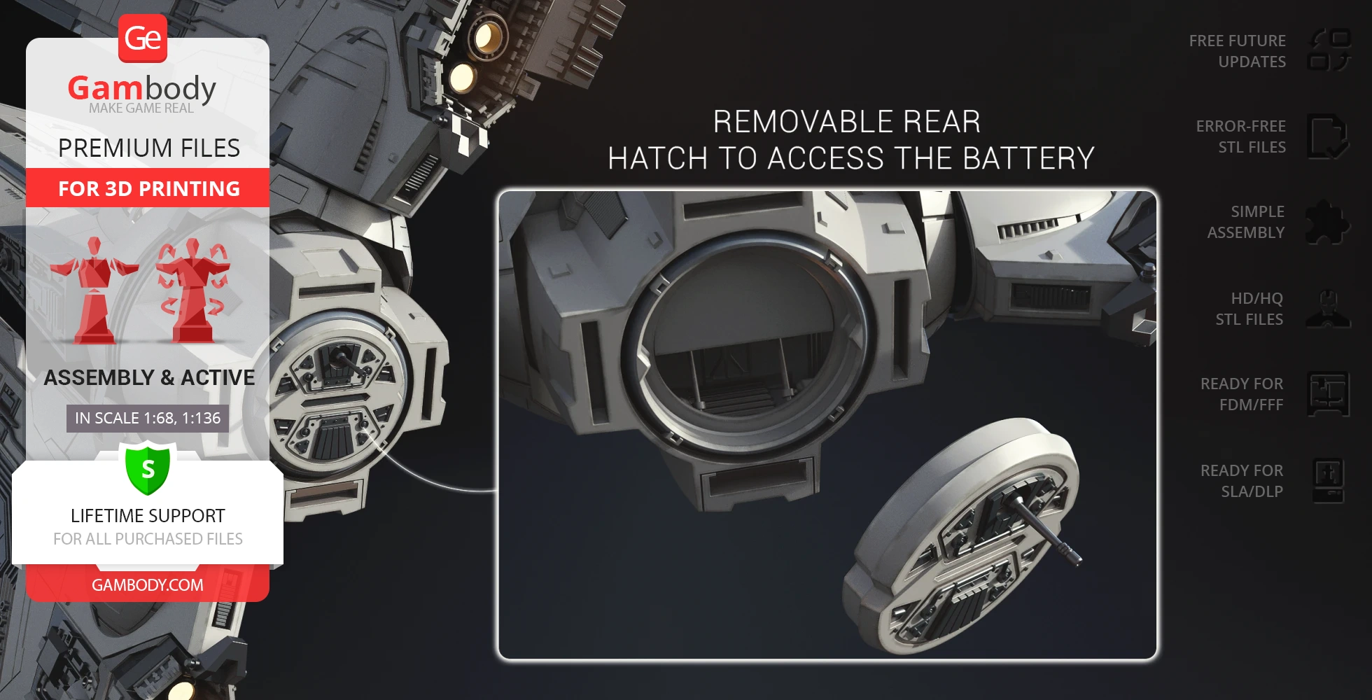 Detailed Gauntlet Starfighter 3D model with removable rear hatch for battery access, ideal for printing.