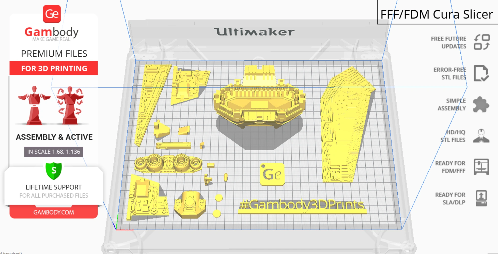 3D print layout of Gauntlet Starfighter parts for assembly, displayed in a slicing software interface.
