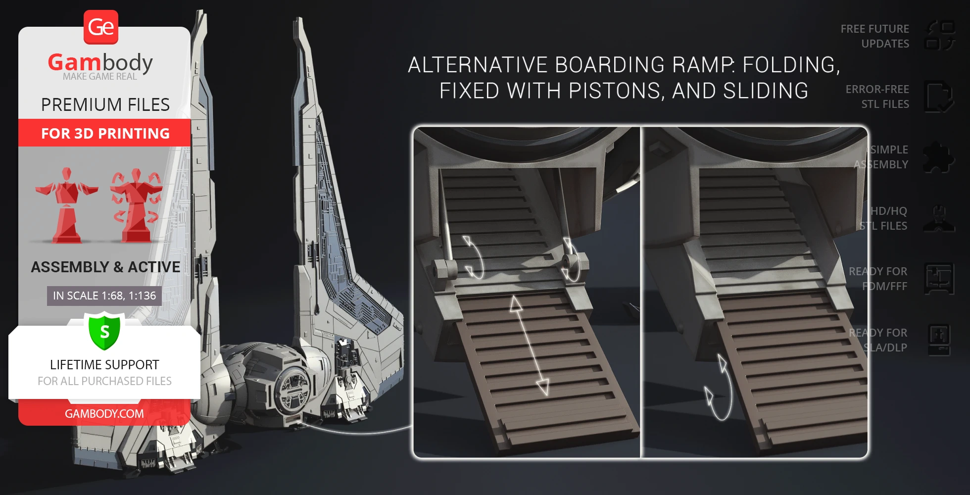 3D model of Gauntlet Starfighter with folding ramp details. Suitable for 3D printing, includes assembly info.
