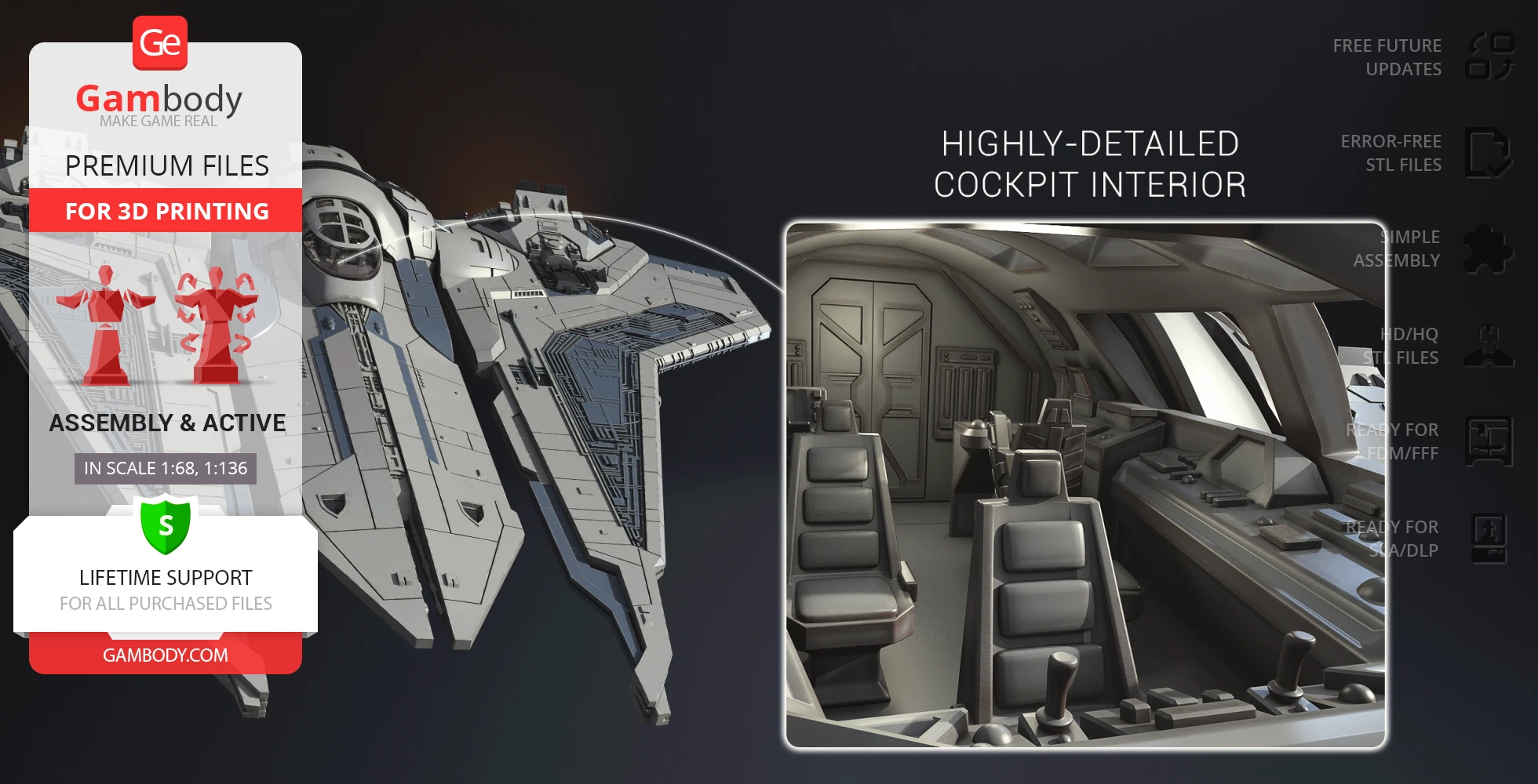 Futuristic starfighter model with detailed cockpit interior for 3D printing.