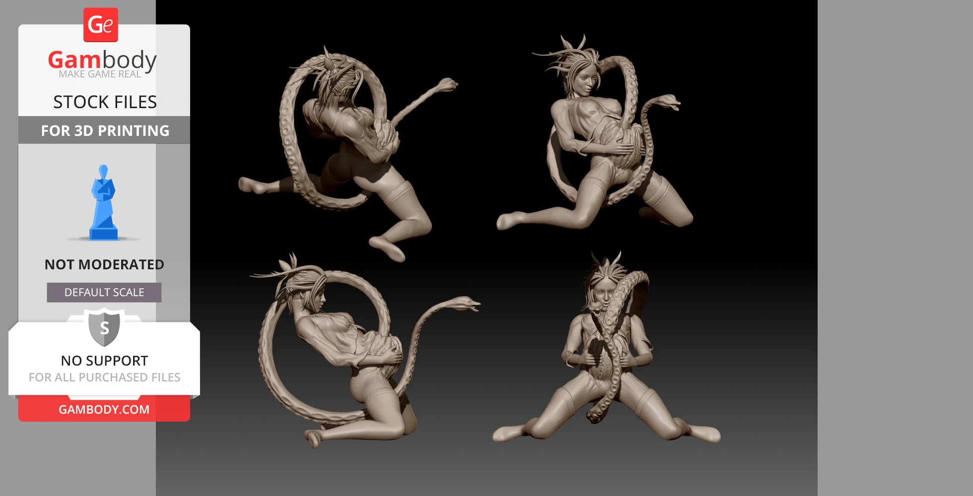 A dynamic 3D model of a woman entwined with a tentacled demon, shown in various dramatic poses.