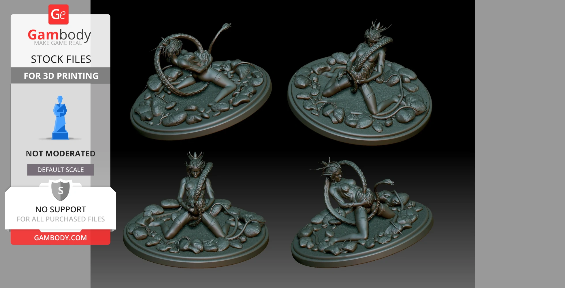 A 3D model featuring a woman entangled with a demon, surrounded by rocks, in dynamic poses.