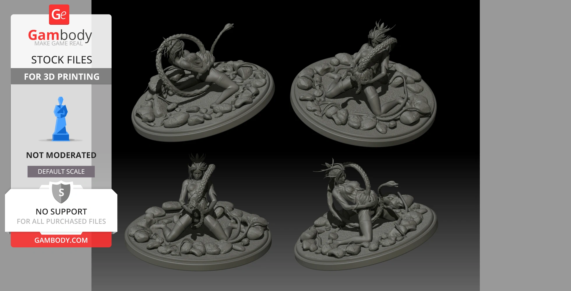 A detailed 3D model of a woman entwined with a tentacled demon on a rocky base, designed for 3D printing.