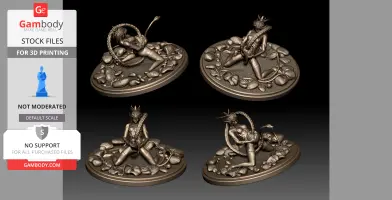A detailed 3D model of a woman entangled with a demon-like creature on a rocky base, suitable for printing.
