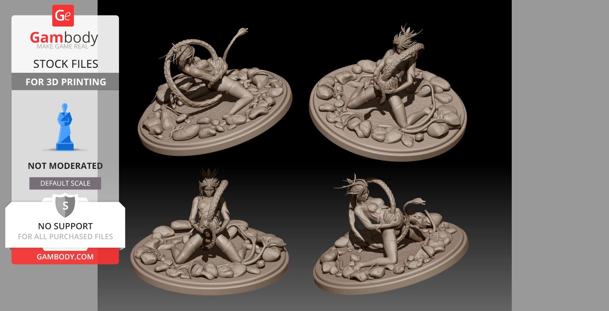A woman interacting with a horned, tentacled demon on a rocky base, captured in four different angles.