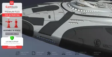 Futuristic spaceship model with sleek design, detailed hull, and lighting elements, ideal for 3D printing.