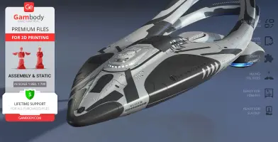 Futuristic spaceship model with sleek curves and engine details for 3D printing.