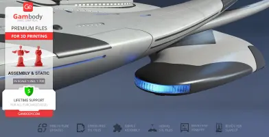 Futuristic spaceship with sleek design, gray hull, and blue-lit accents, ideal for 3D printing.