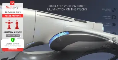 Futuristic spaceship model with illuminated pylons, showcasing sleek design and lighting details.